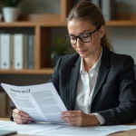 Femme d affaires lisant un guide technique Fleure en U