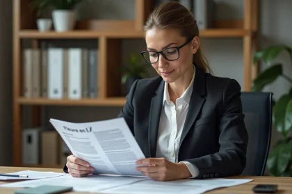 Femme d affaires lisant un guide technique Fleure en U