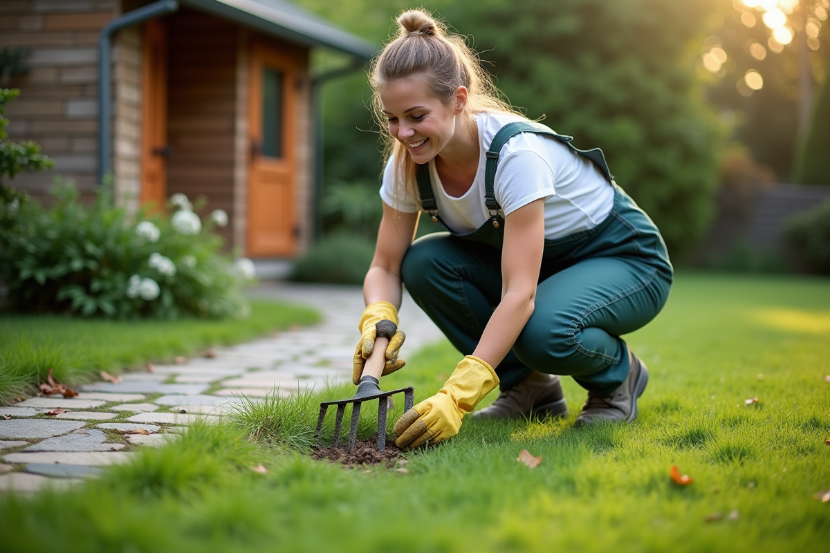Femme en gants utilisant un râteau pour enlever des champignons