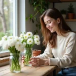 Jeune femme arrangeant des fleurs de saison dans un intérieur cosy