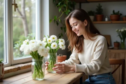 Jeune femme arrangeant des fleurs de saison dans un intérieur cosy