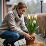 Femme couvrant un lilas avec de la paille sur un balcon en hiver