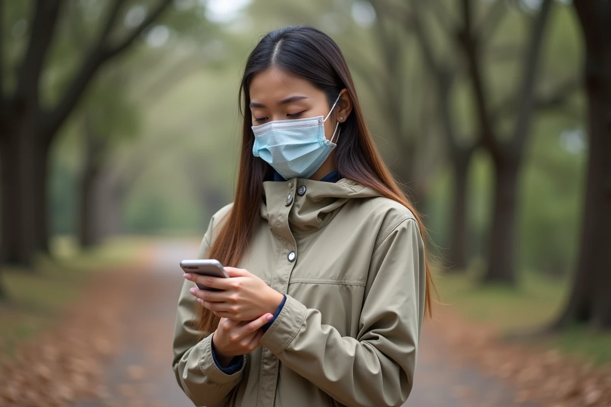 Jeune femme portant un masque en nettoyant le pollen de chêne