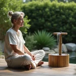 Femme détendue assise dans un jardin avec fontaine en bambou