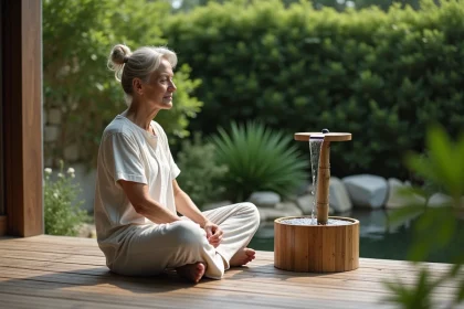 Femme détendue assise dans un jardin avec fontaine en bambou