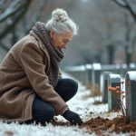 Femme âgée plantant des fleurs d'hiver dans un cimetière calme