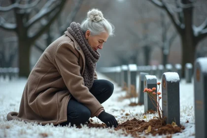 Femme âgée plantant des fleurs d'hiver dans un cimetière calme