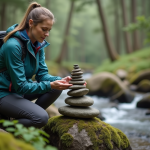 Femme en randonnée équilibrant des pierres sur un rocher