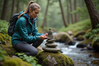 Femme en randonnée équilibrant des pierres sur un rocher