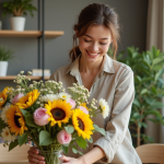 Jeune femme arrangeant un bouquet de fleurs dans un salon lumineux