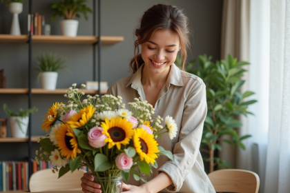 Jeune femme arrangeant un bouquet de fleurs dans un salon lumineux