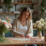 Femme arrangeant des bouquets de fleurs de saison à la maison
