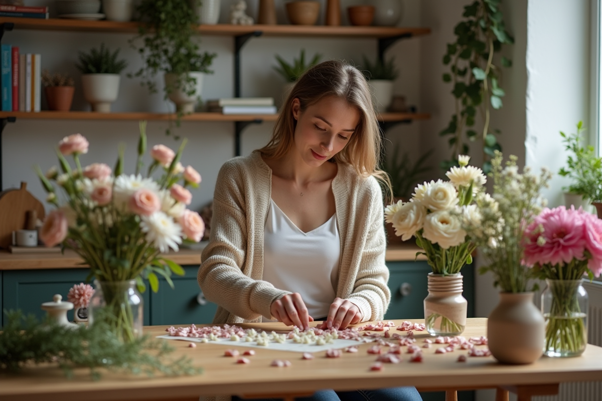 Femme arrangeant des bouquets de fleurs de saison à la maison