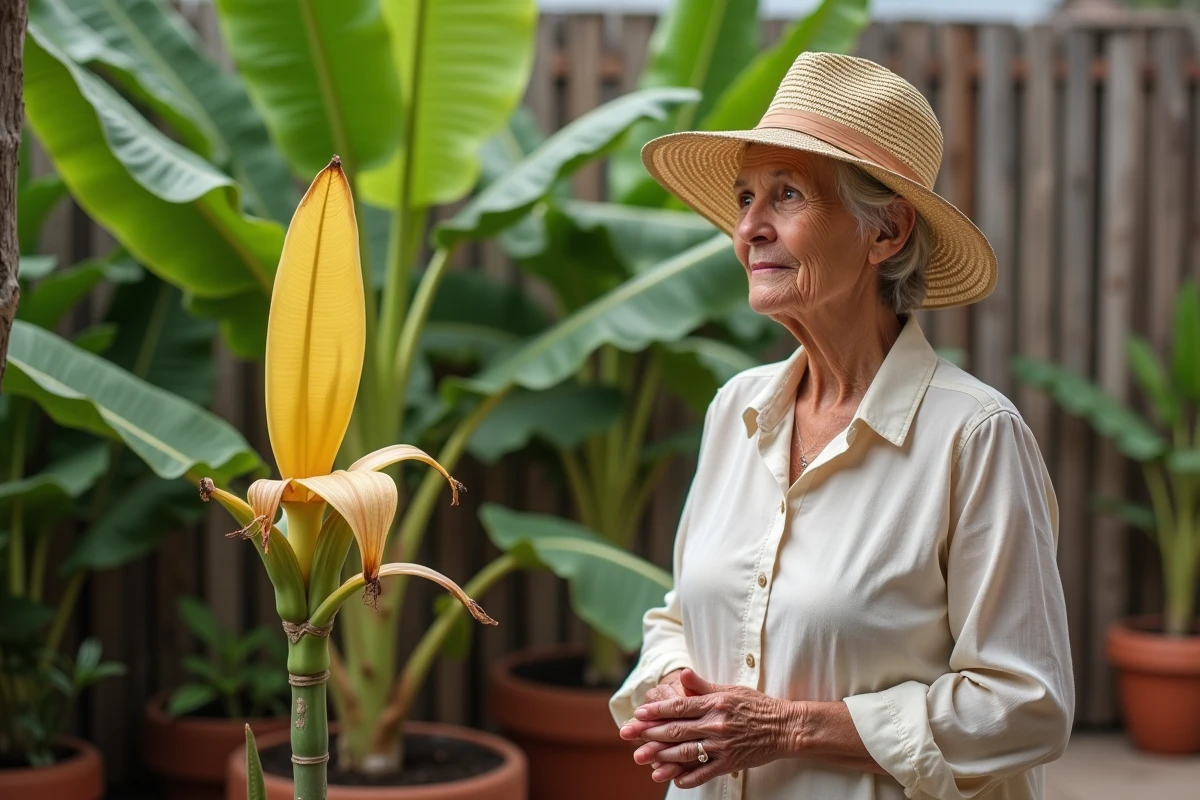 Femme âgée observant une fleur de bananier en fleurs