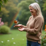 Femme souriante avec un robin sur la main dans un jardin verdoyant