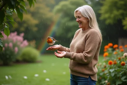 Femme souriante avec un robin sur la main dans un jardin verdoyant