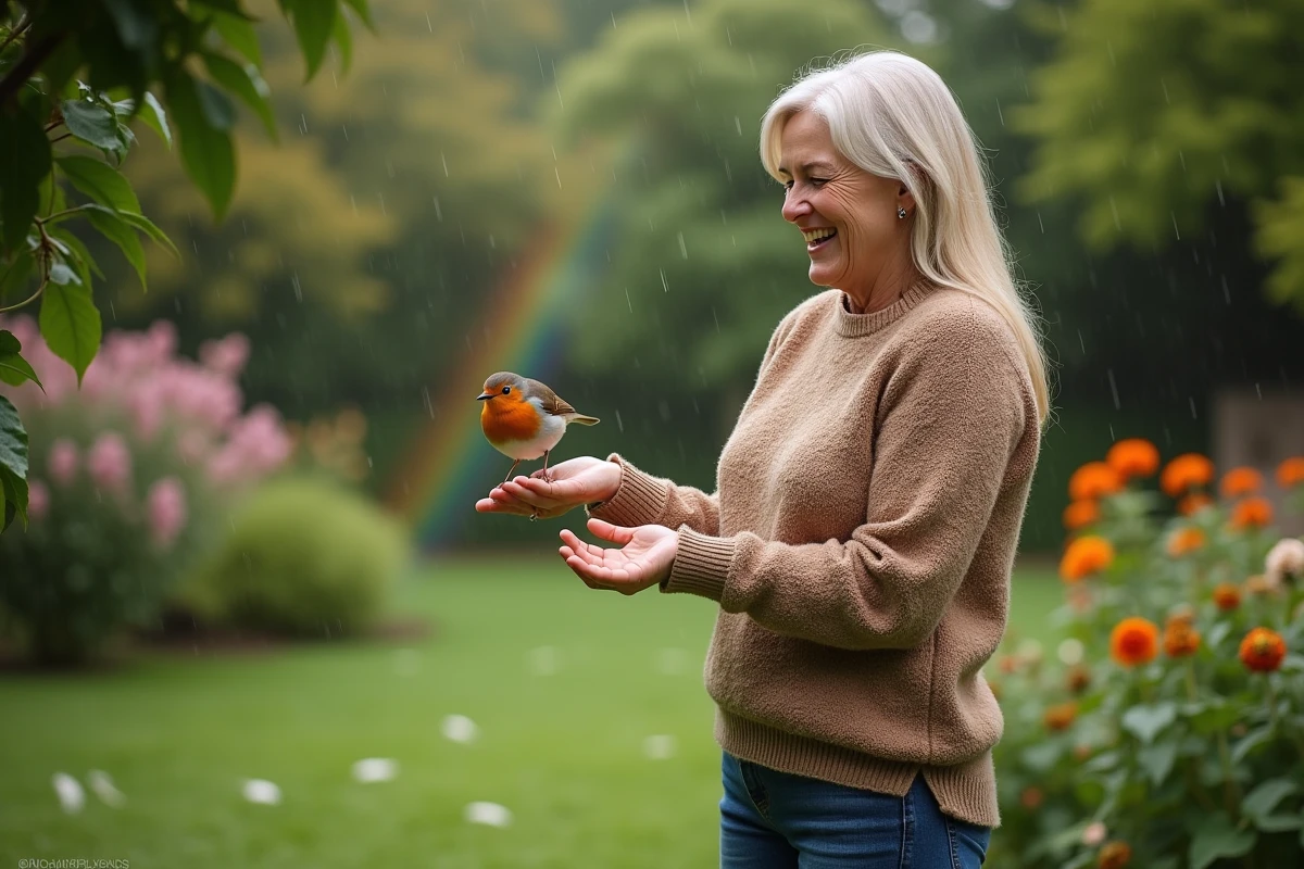 Femme souriante avec un robin sur la main dans un jardin verdoyant