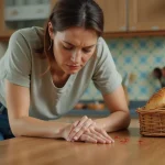 Femme anxieuse inspectant des insectes rouges dans la cuisine