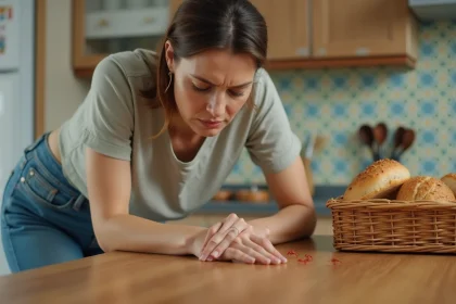Femme anxieuse inspectant des insectes rouges dans la cuisine