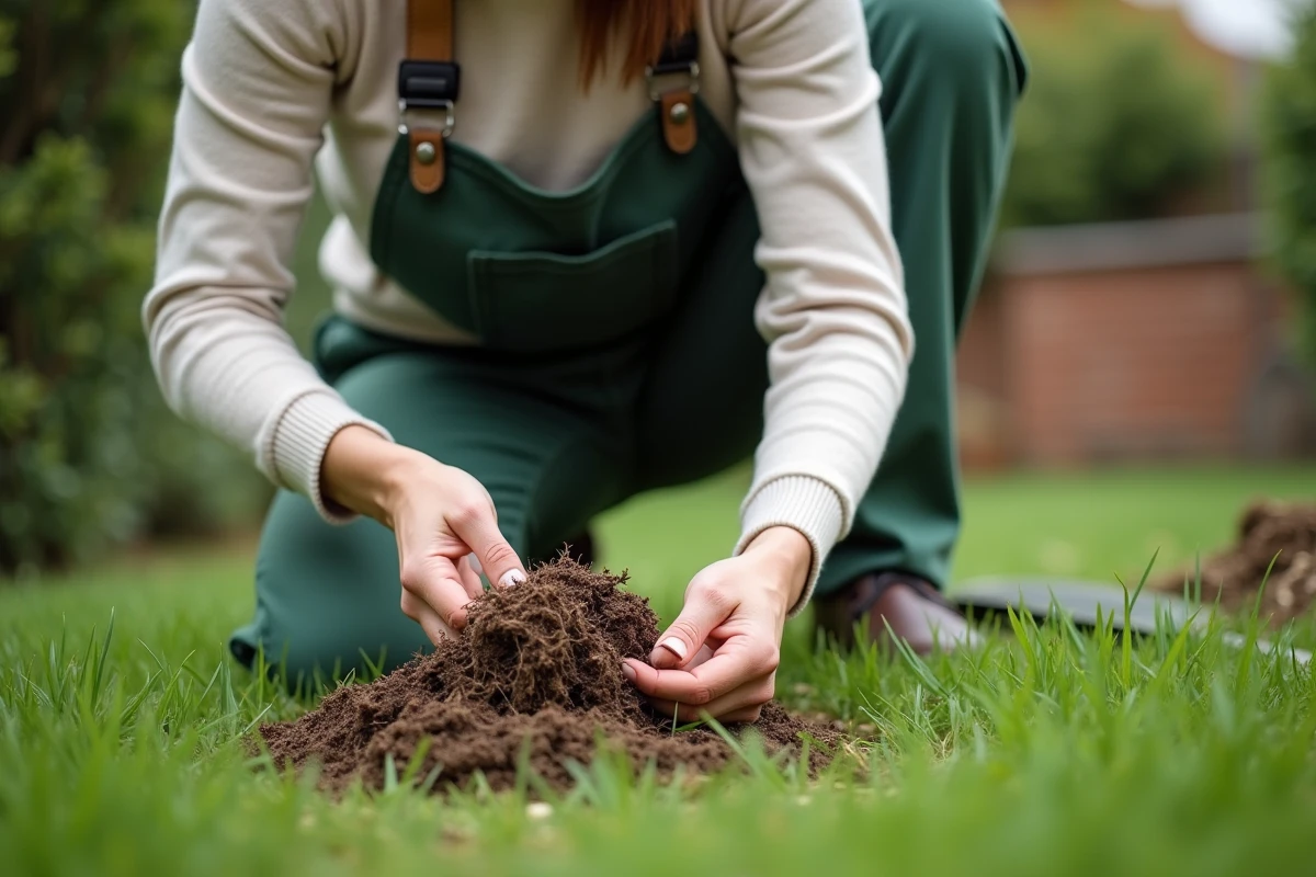 Femme vérifiant une poignée de chaume fraîchement enlevé dans le jardin