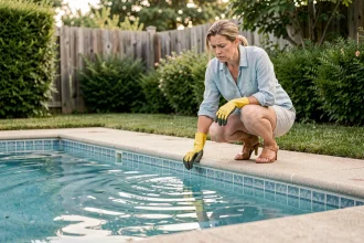 Femme inspectant l'eau d'une piscine résidentielle pour détecter la présence de vers, traitement écologique piscine