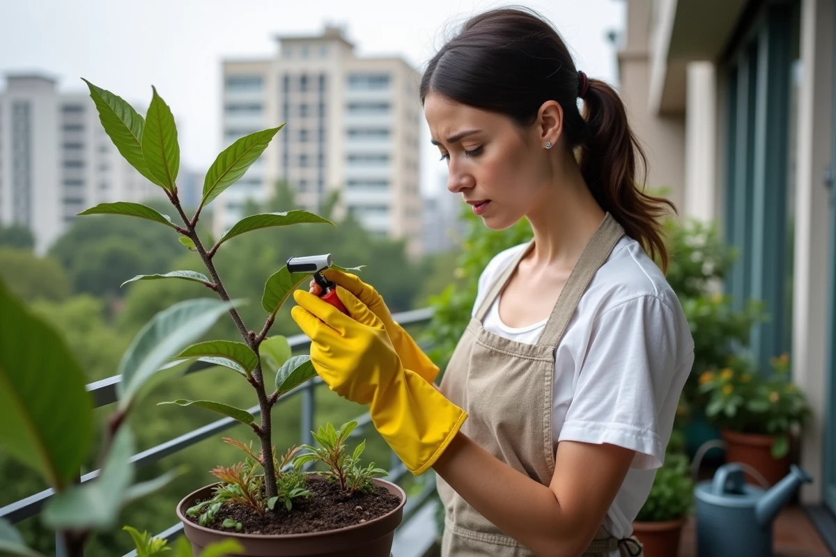Femme inspectant un laurier rose en pot infesté de pucerons sur balcon de ville