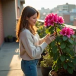 Femme en jeans et pull tendant un rhododendron sur balcon