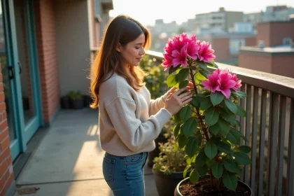 Femme en jeans et pull tendant un rhododendron sur balcon