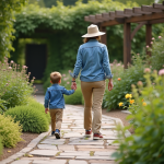 Femme en jardin avec un enfant sur un chemin de pierre