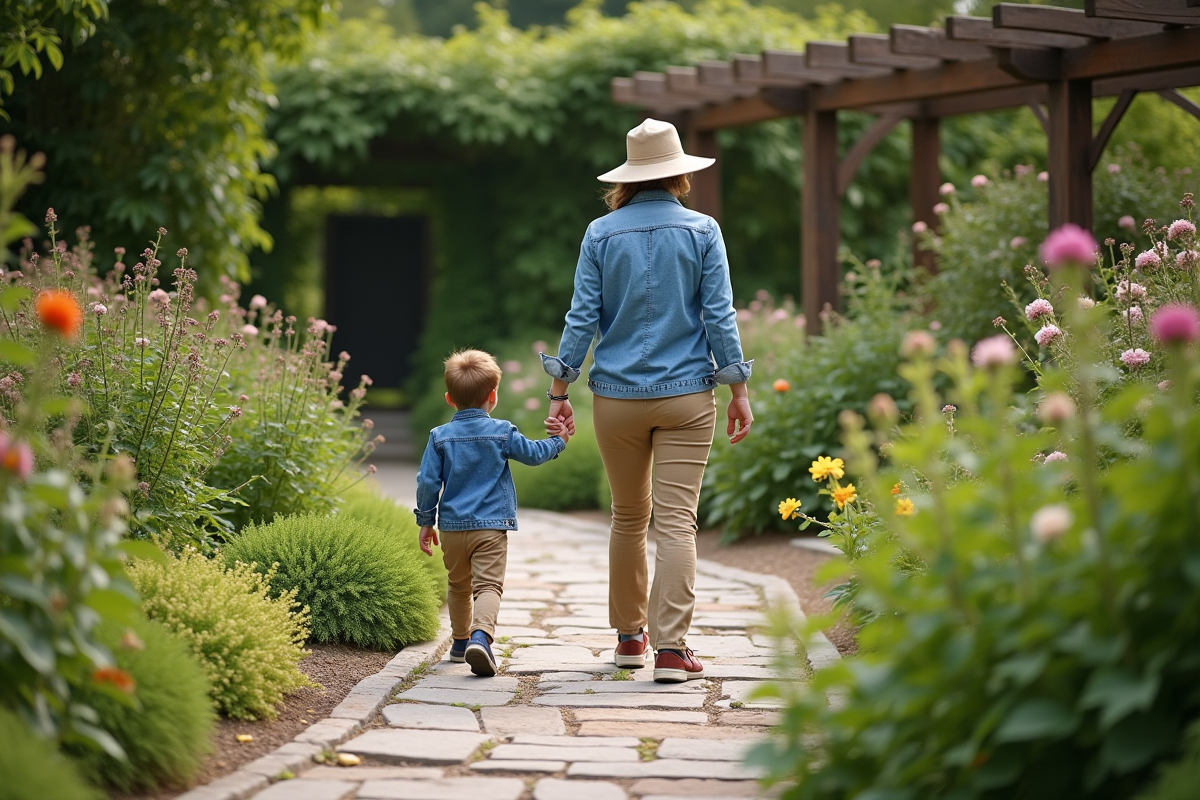Femme en jardin avec un enfant sur un chemin de pierre