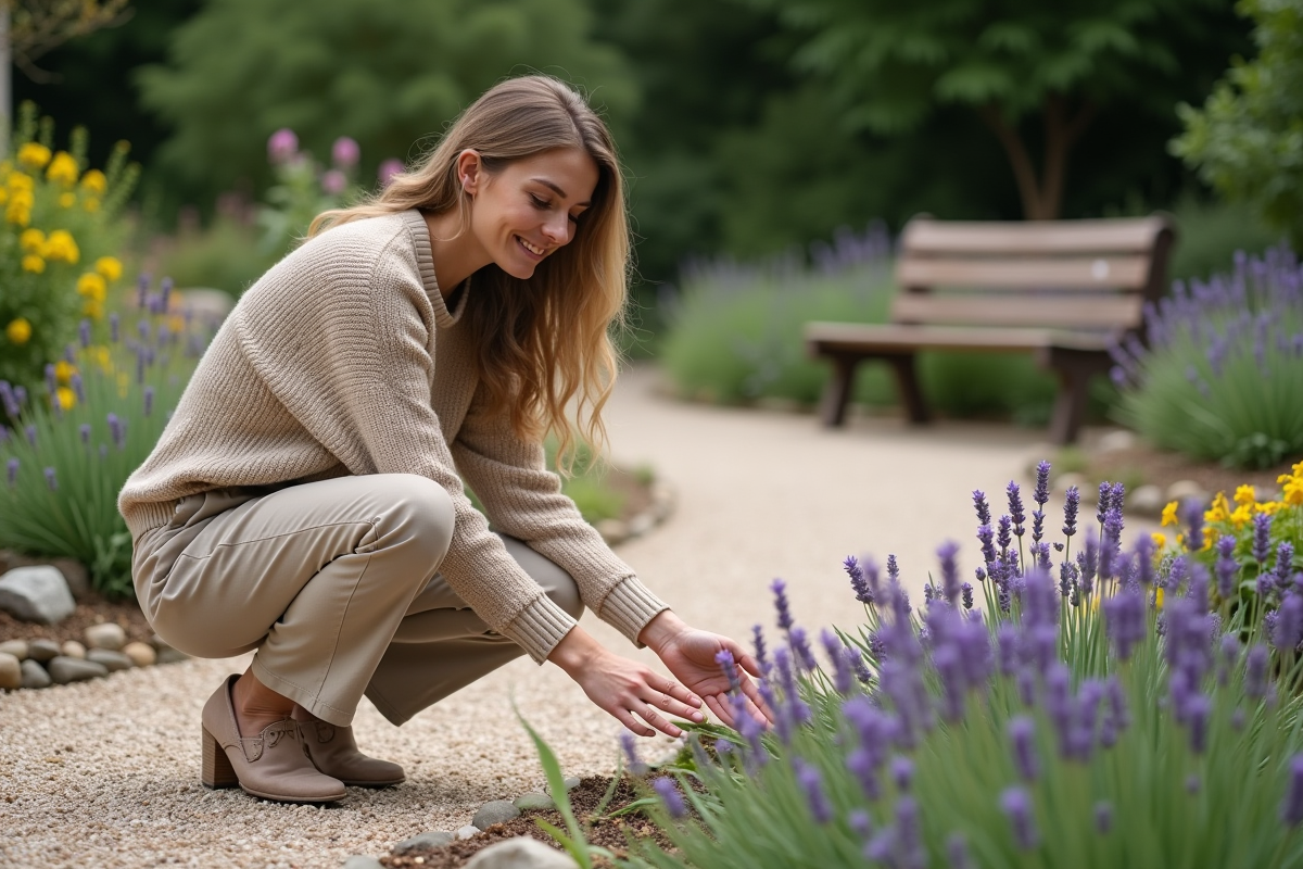 Femme dans un jardin de lavande en pleine floraison