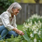 Femme dans un jardin inspectant des fleurs de mai