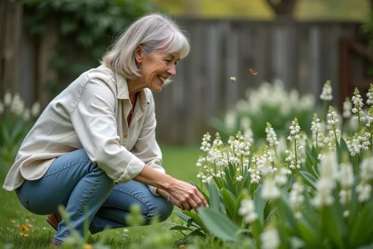 Femme dans un jardin inspectant des fleurs de mai