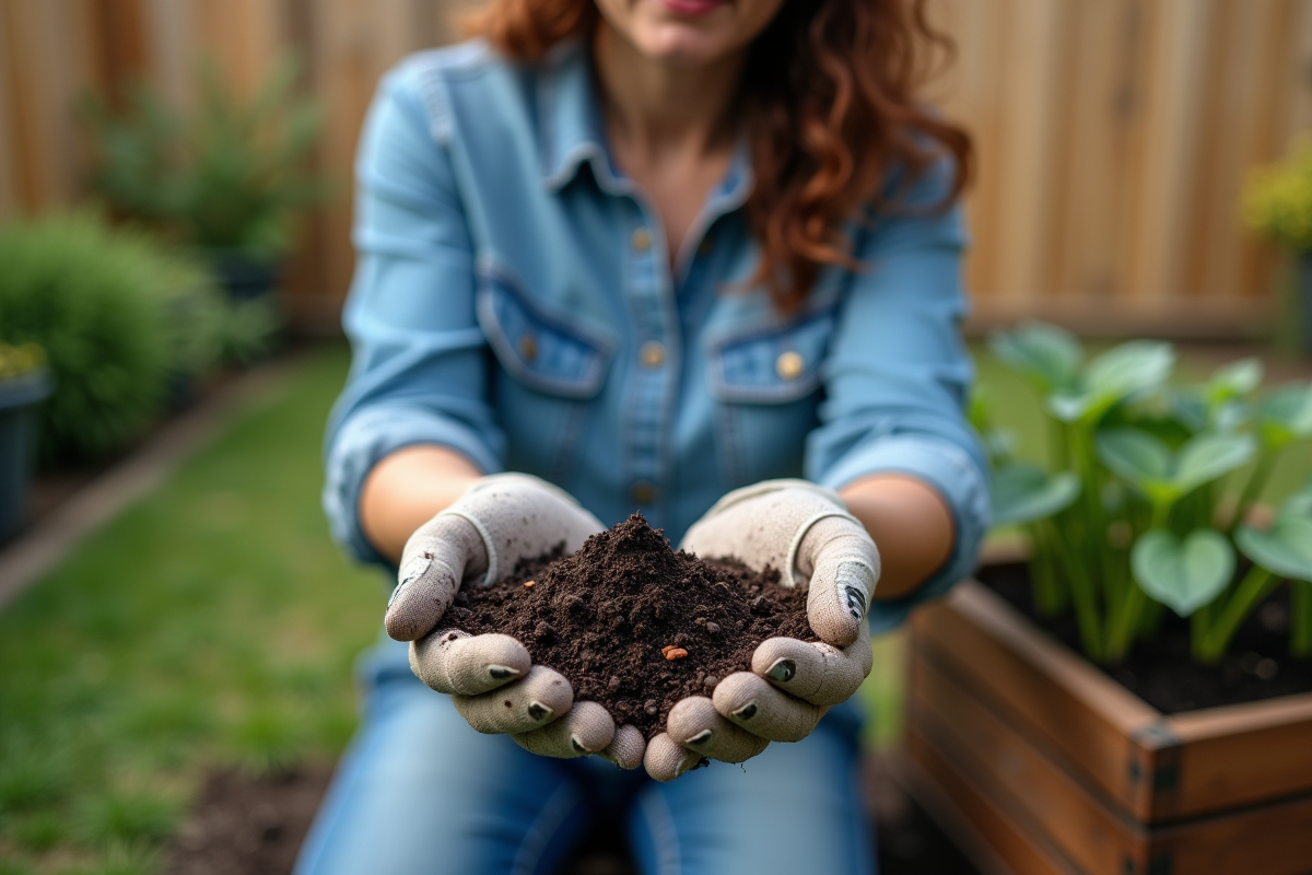 Femme en extérieur comparant terre de jardin et terreau