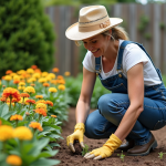 Femme en jardinage avec chapeau et gants dans un jardin coloré