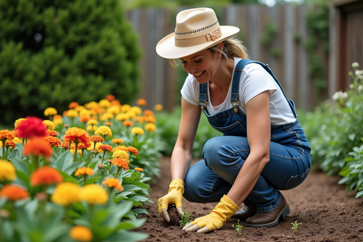 Femme en jardinage avec chapeau et gants dans un jardin coloré