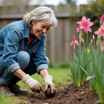 Femme en jardinage plantant un bulbe de gladiolus dans un jardin
