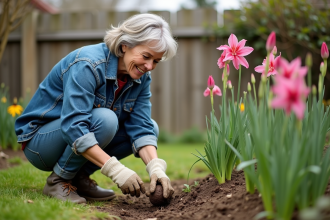 Femme en jardinage plantant un bulbe de gladiolus dans un jardin
