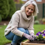 Femme souriante plantant des pensées résistantes au froid dans son jardin