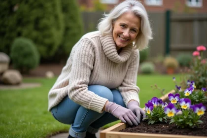Femme souriante plantant des pensées résistantes au froid dans son jardin