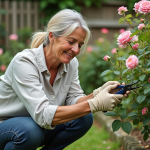 Femme en chemise en lin et gants de jardinage près de rosiers