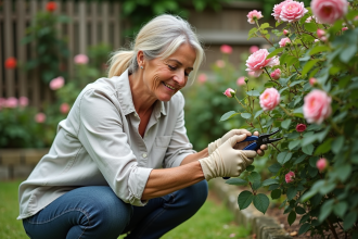 Femme en chemise en lin et gants de jardinage près de rosiers