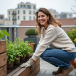Femme souriante en jardinage sur un toit urbain