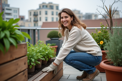Femme souriante en jardinage sur un toit urbain