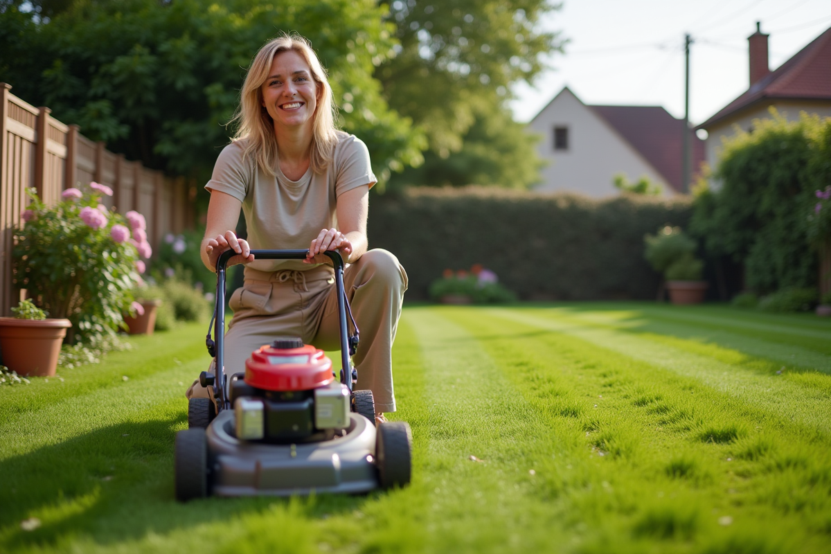 Femme souriante avec une tondeuse dans son jardin en été