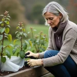 Femme en jardinage couvrant des jeunes glycine avec fleece
