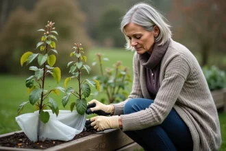 Femme en jardinage couvrant des jeunes glycine avec fleece