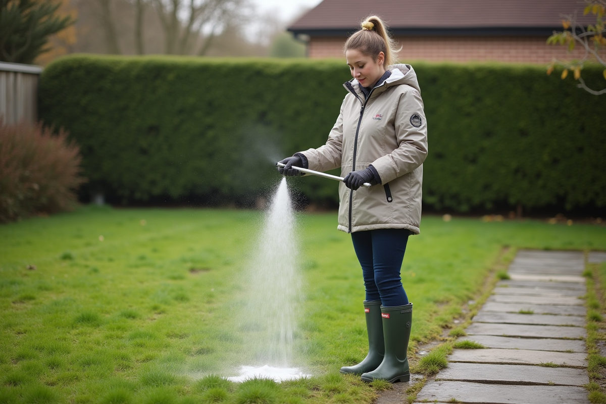 Jeune femme en extérieur épandant de la chaux sur la pelouse