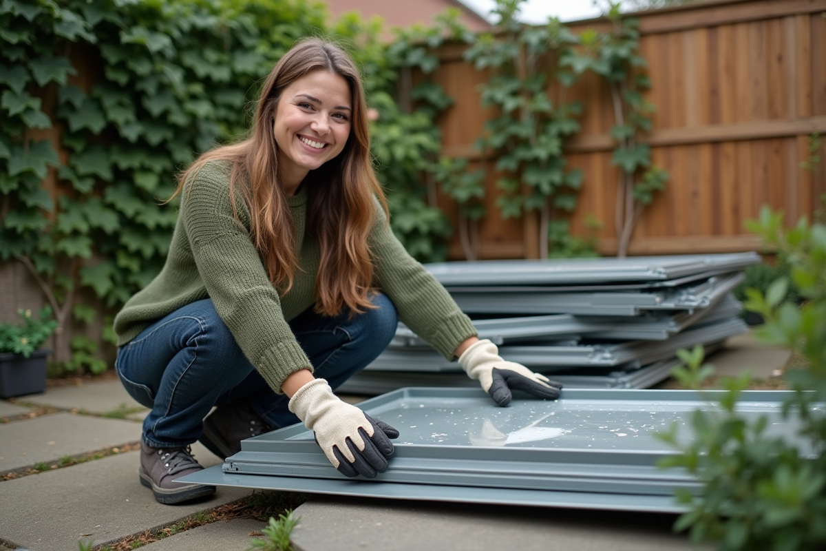Femme souriante assemblant un abri de jardin en métal