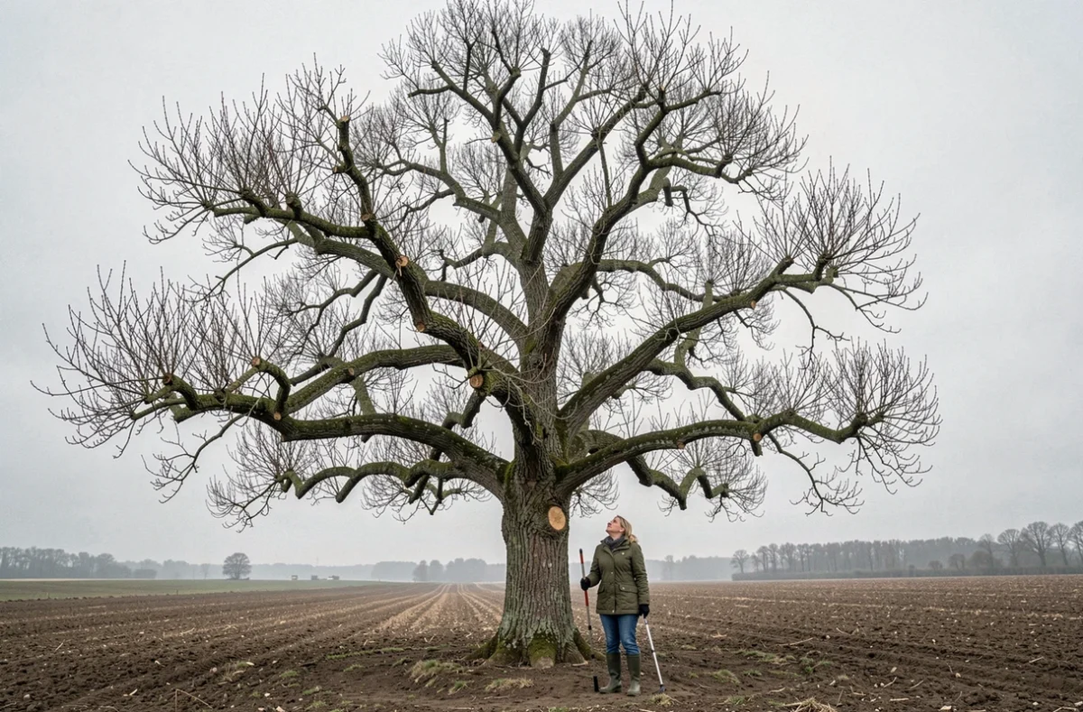 Femme observant un grand chêne solitaire aux branches dénudées dans la campagne française en fin d'hiver, après un élagage professionnel bien réalisé